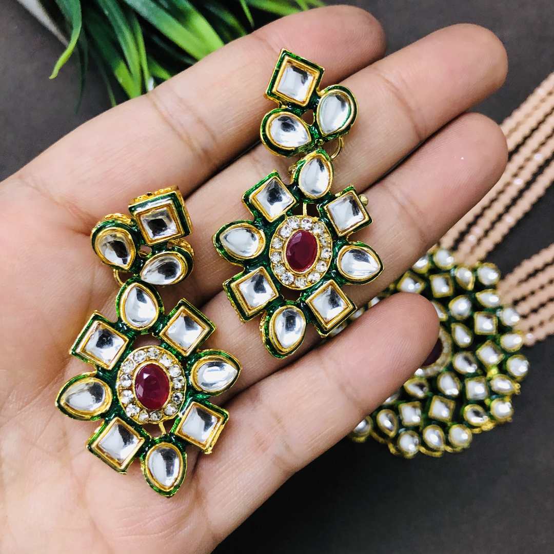 LARQ JEWELS Crystal Multistrand Peach Beads Ethnic Kundan Necklace