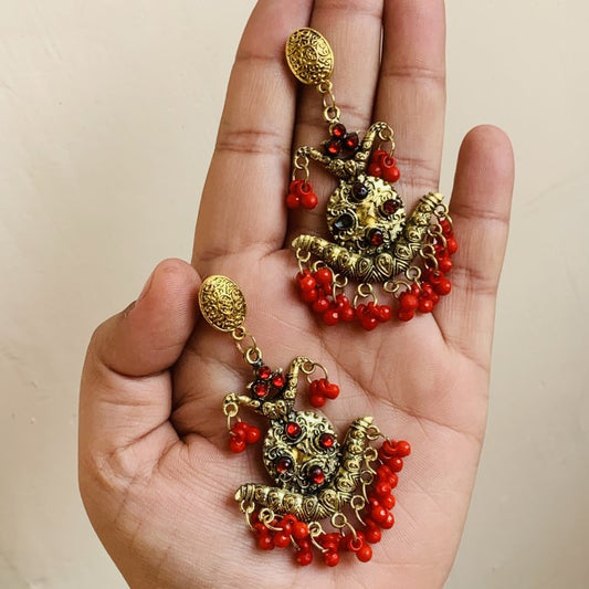 Golden Oxidized Traditional Red Bead Jhumki Earring
