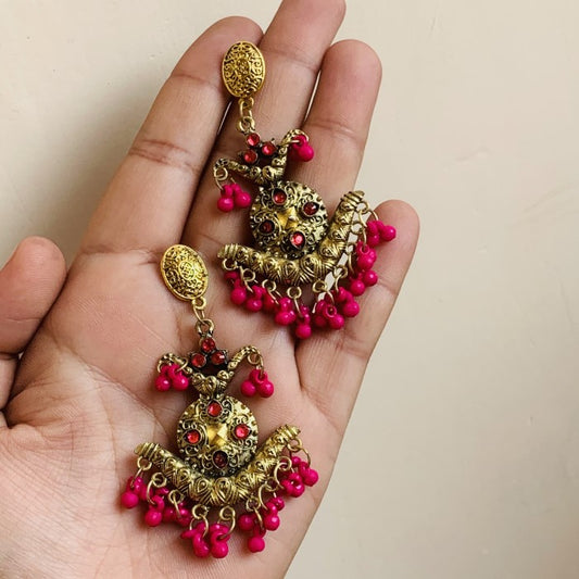 Golden Oxidized Pink Bead Earring