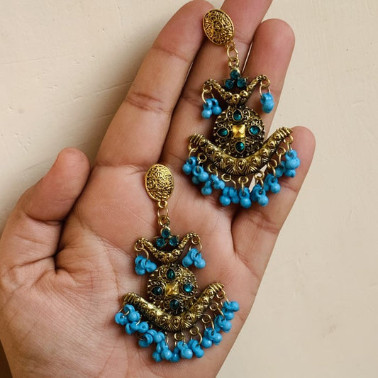 Golden Oxidized Blue Bead Earring