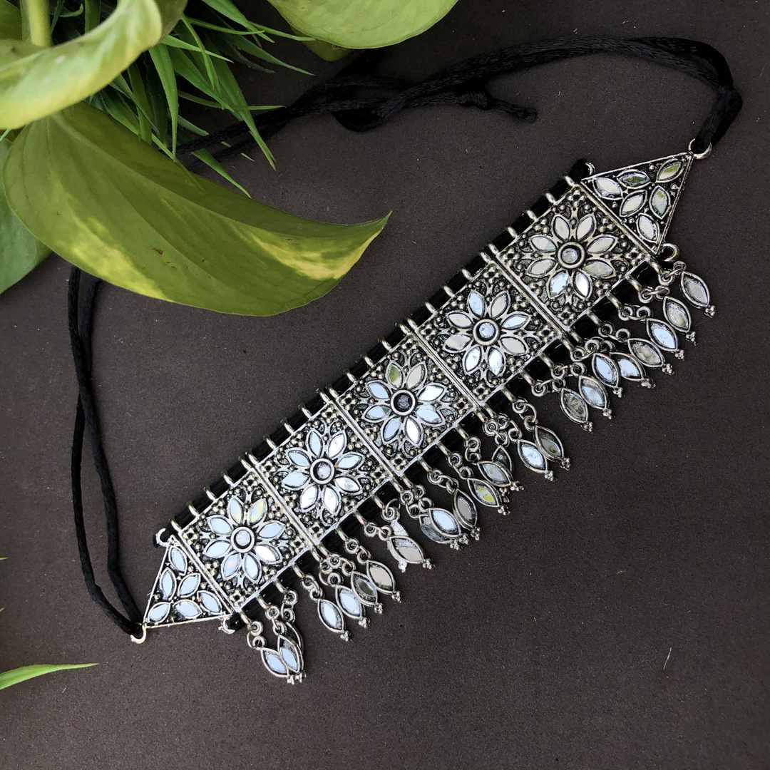 LARQ JEWELS Oxidised Silver Floral Mirror Choker Necklace Set