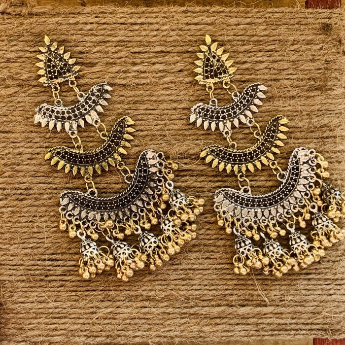 Tri Layer Silver Golden Oxidized Jhumki Earring