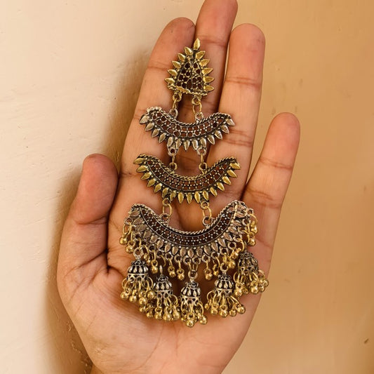 Tri Layer Silver Golden Oxidized Jhumki Earring