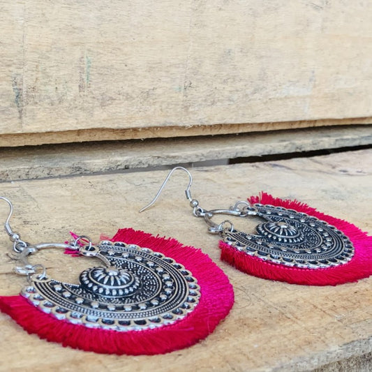 Pink Thread Oxidized Silver Earring