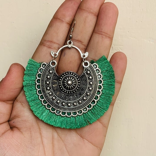 Green Thread Oxidized Silver Earring