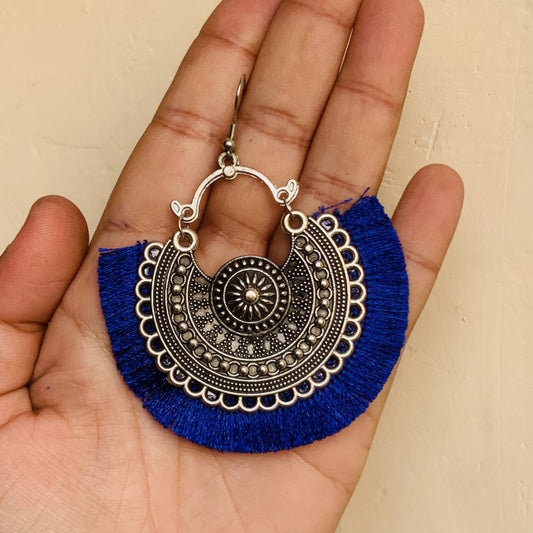 Blue Thread Oxidized Silver Earring