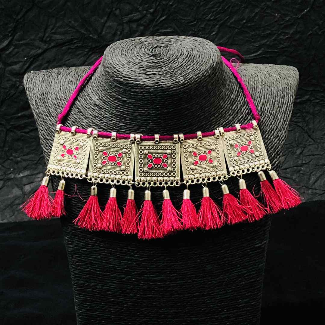 LARQ JEWELS Afghani Oxidised Silver Meena Choker- PINK