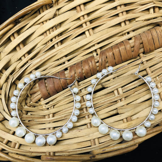 Vintage Large White Silver Pearl Hoop Earrings For Women