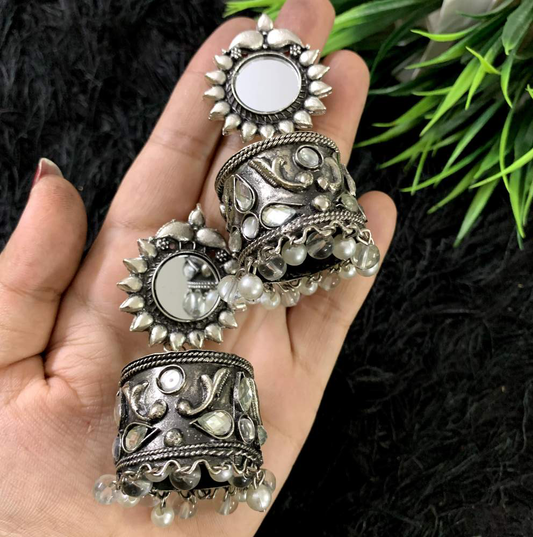 Traditional Oxidized German Silver Exclusive Design CZ Stone Big Studs Jhumka