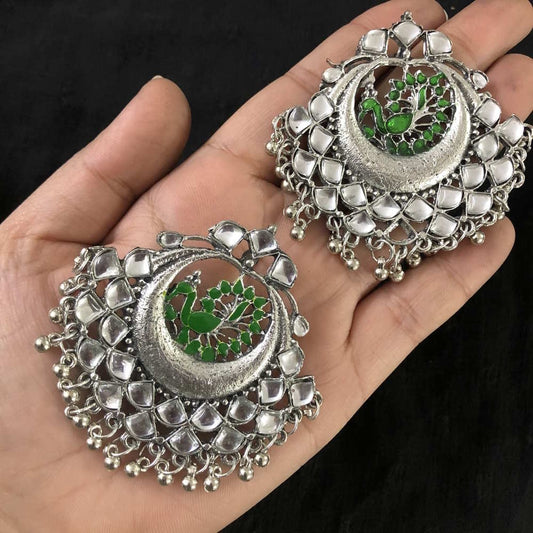 Larq Jewels Oxidized Silver with Rani Beads Meena Work Women Jhumka Earrings