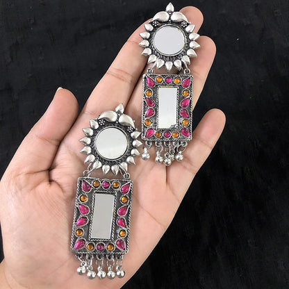 Larq Jewels  Stylish Designer Afghani Big Mirror Drop Meenakari Earring