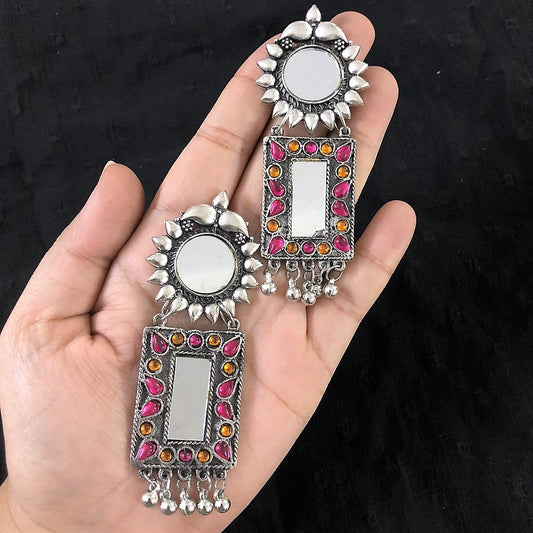 Larq Jewels  Stylish Designer Afghani Big Mirror Drop Meenakari Earring