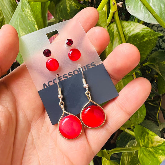 LARQ JEWELS Set Of 3 Red Drop Pearl & Rhinestone Earrings