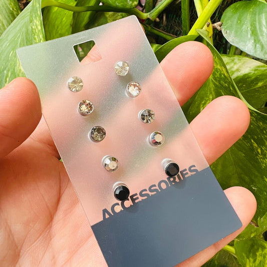 Set Of 5 Everyday Rhinestone Stud Earrings For Women & Girls
