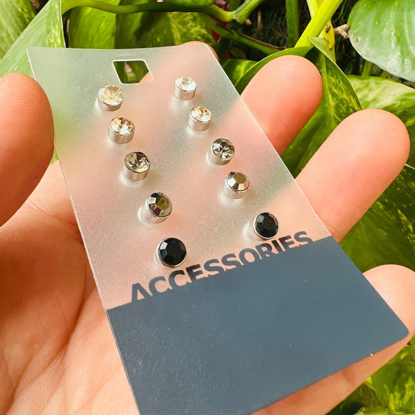 Set Of 5 Everyday Rhinestone Stud Earrings For Women & Girls