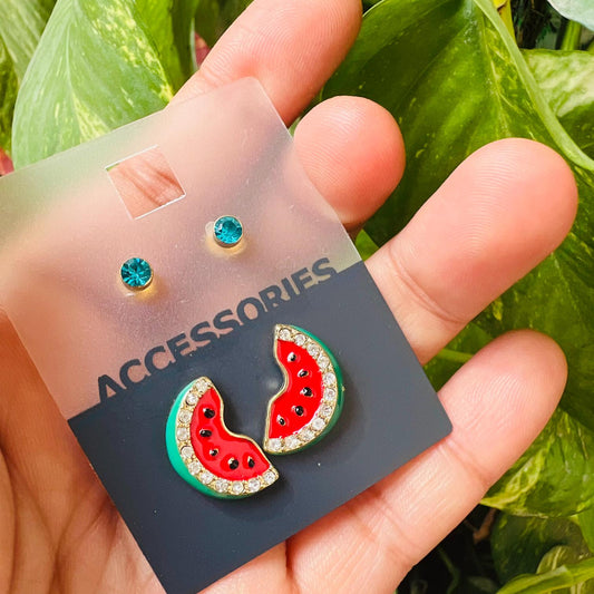 LARQ JEWELS Cute Watermelon & Rhinestone Earrings Combo