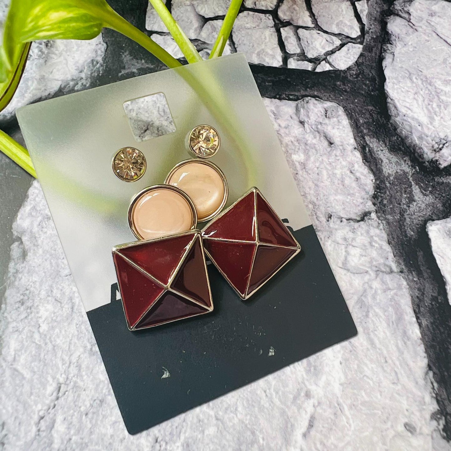 3 pair Round & Square Cross Cutting Combo Earrings