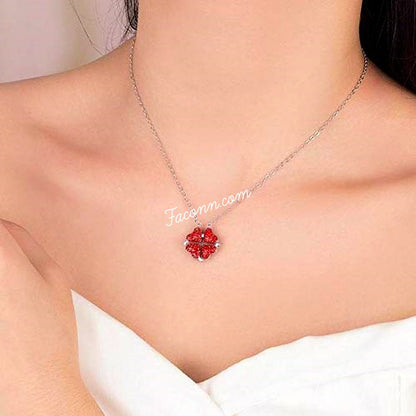 LARQ JEWELS 2-in-1 Four Leaf Clover Heart Necklace Both Side Magnetic Heart Pendant- RED