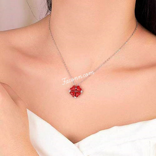 LARQ JEWELS 2-in-1 Four Leaf Clover Heart Necklace Both Side Magnetic Heart Pendant- RED