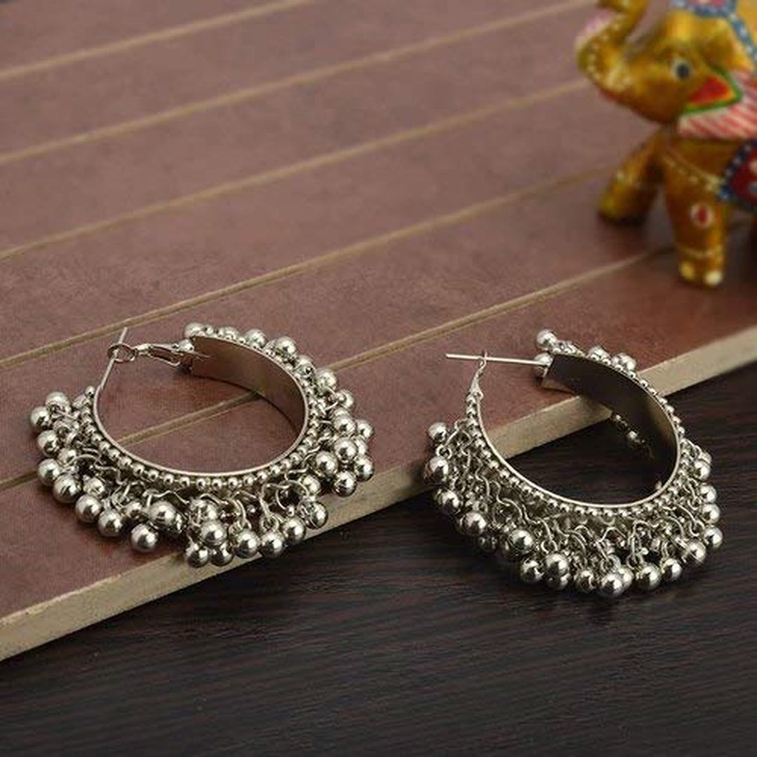 LARQ JEWELS oxidized silver Afghani ghungroo hoop earrings for girls and women