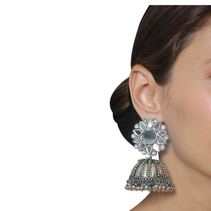LARQ JEWELS Traditional Silver Oxidised  Stone Studded Dome Jhumka
