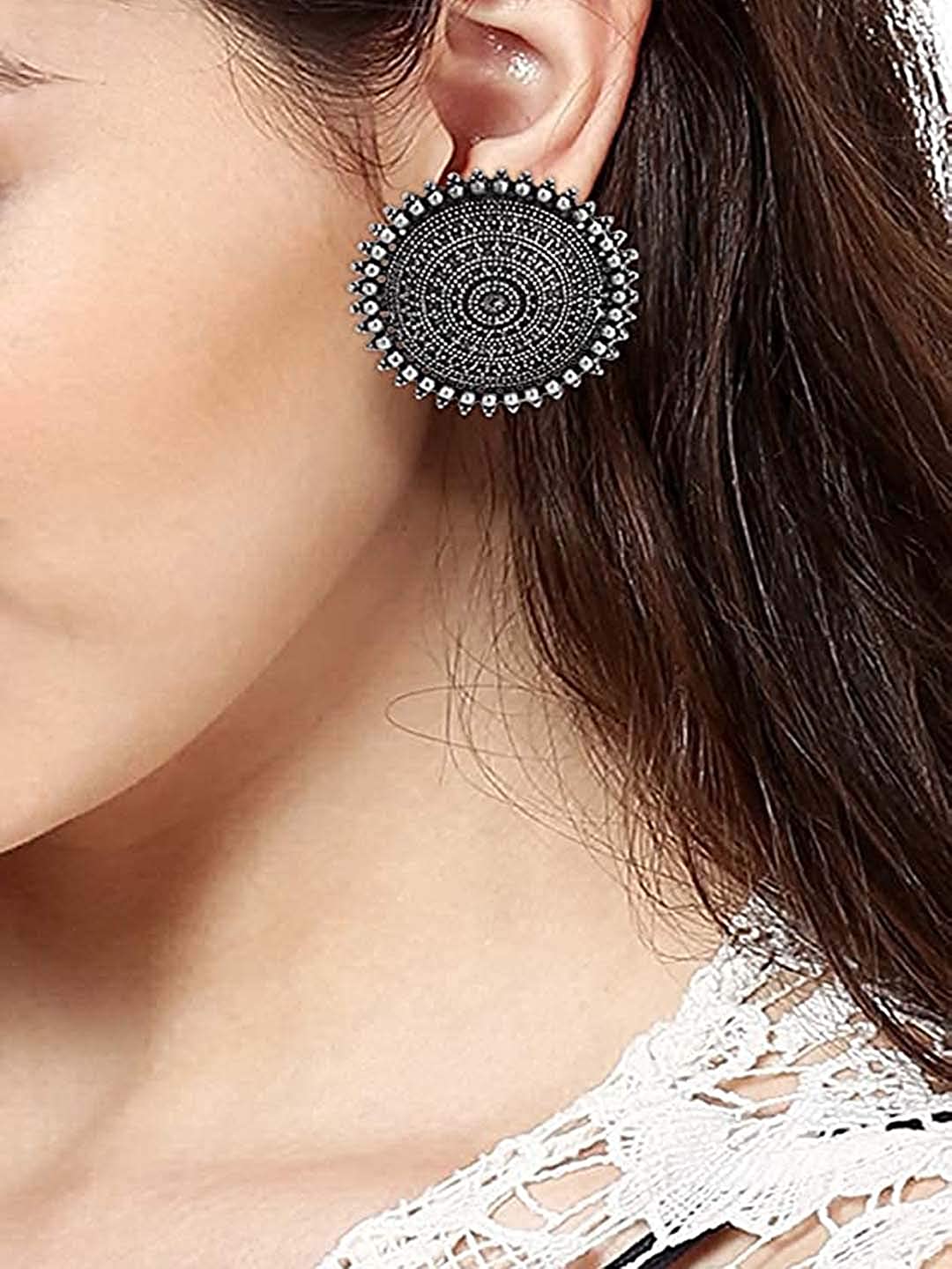 LARQ JEWELS Contemporary Oxidized Silver Base Metal Stud Earrings for Women