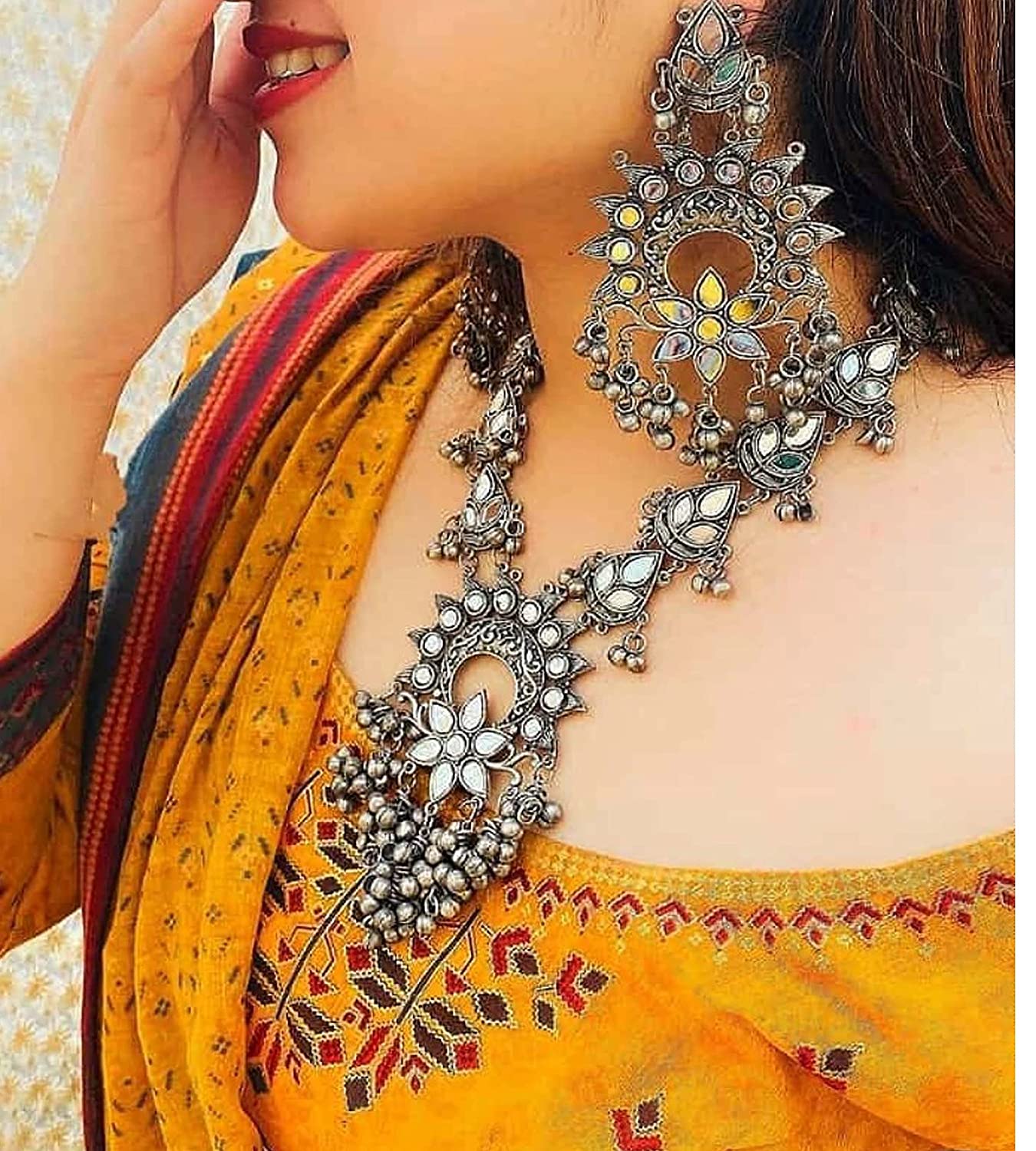 LARQ JEWELS Oxidised Silver Mirror Boho Necklace Set