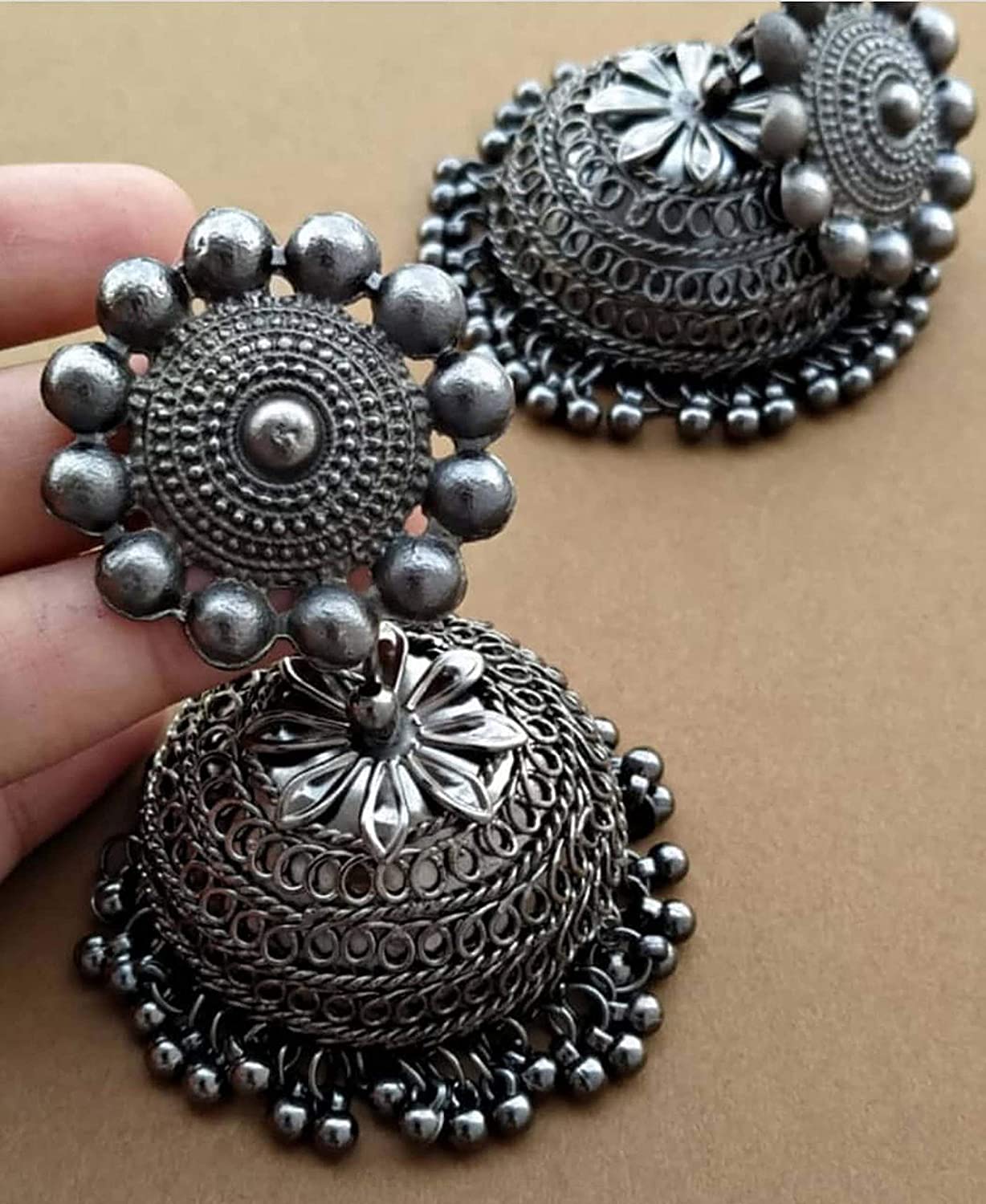 LARQ JEWELS Black Metal Oxidised Traditional Silver Jhumka Earrings for Women