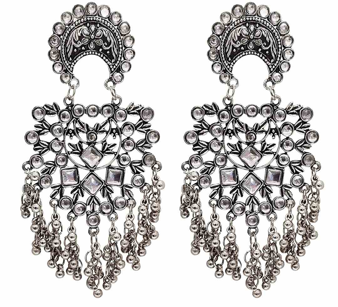 LARQ JEWELS Traditional Silver Oxidised  Afghani Big Dangle Drop Earrings for women