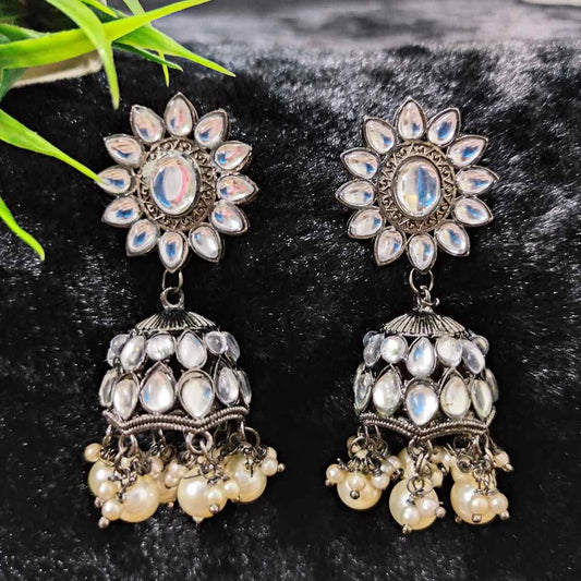 LARQ JEWELS Lightweight Kundan with Pearl Beads Silver Plating  Jhumka Earring