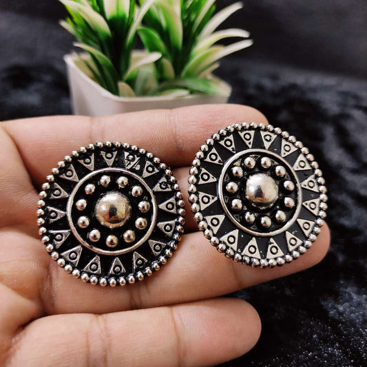 LARQ JEWELS Non-Precious Metal Oxidized Silver Tone Plated Black Enamel Ovel Shaped Stud Earrings