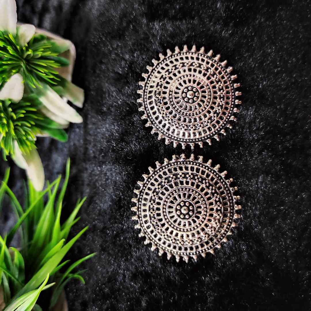 LARQ JEWELS OXIDIZED SILVER Brass Mandala Floral Stud Earrings for Women
