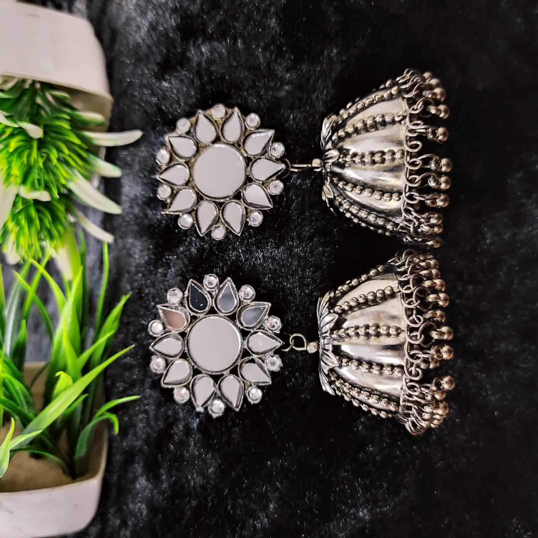 LARQ JEWELS Traditional Silver Oxidised  Stone Studded Dome Jhumka