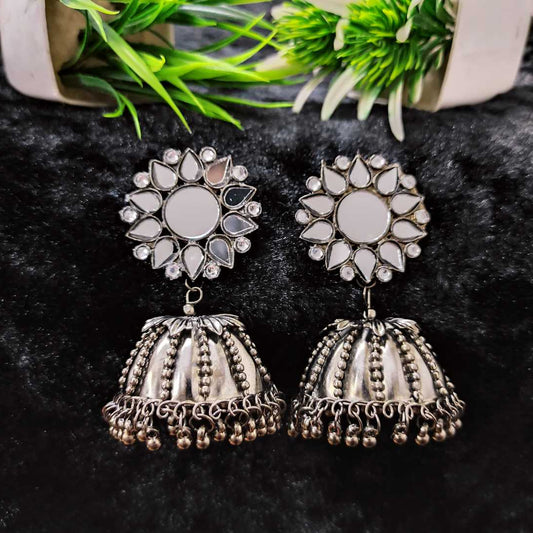 LARQ JEWELS Traditional Silver Oxidised  Stone Studded Dome Jhumka