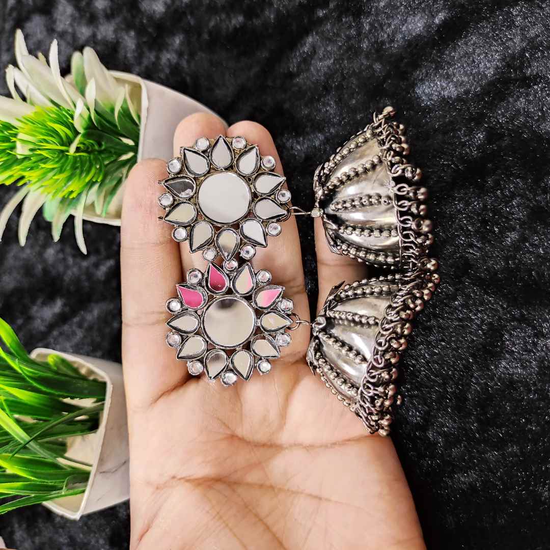 LARQ JEWELS Traditional Silver Oxidised  Stone Studded Dome Jhumka