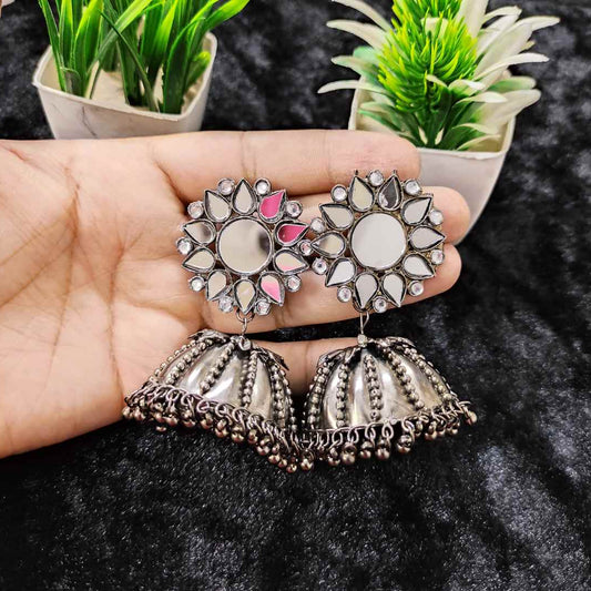 LARQ JEWELS Traditional Silver Oxidised  Stone Studded Dome Jhumka