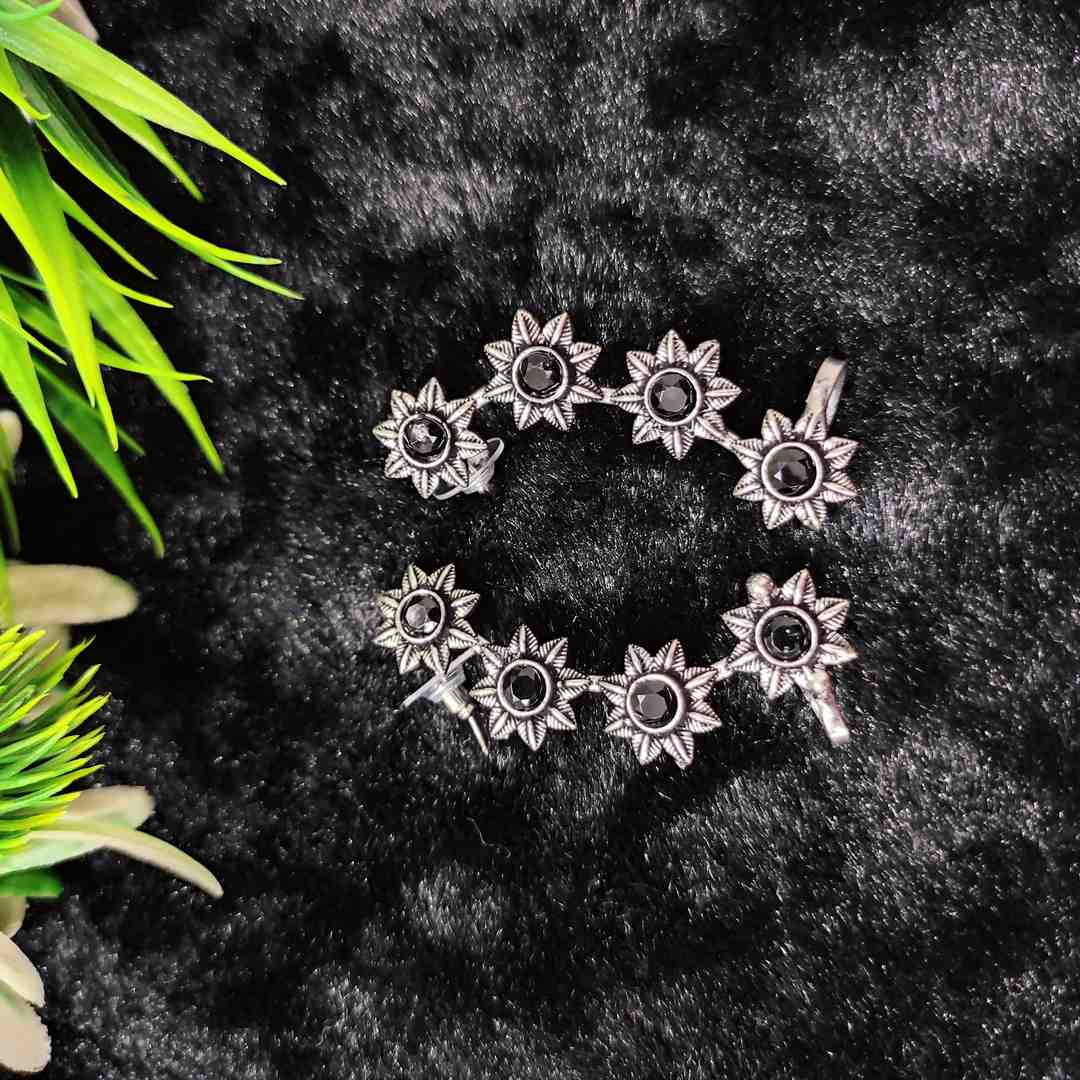 LARQ JEWELS Antique Oxidised Silver-Toned Floral Pattern Trendy Clip-On Ear Cuff For Women And Girls BLACK STONE