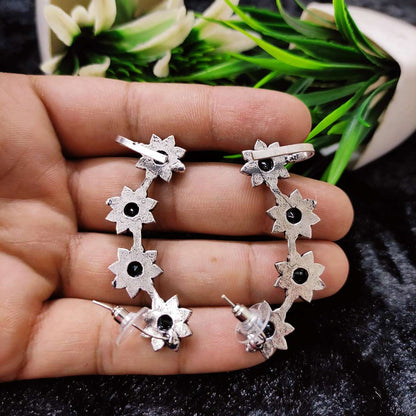 LARQ JEWELS Antique Oxidised Silver-Toned Floral Pattern Trendy Clip-On Ear Cuff For Women And Girls BLACK STONE