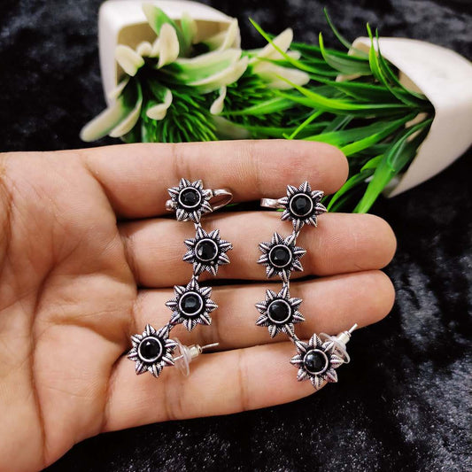 LARQ JEWELS Antique Oxidised Silver-Toned Floral Pattern Trendy Clip-On Ear Cuff For Women And Girls BLACK STONE