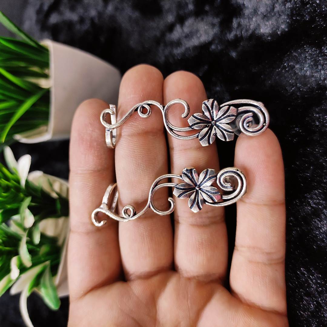 LARQ JEWELS Ethnic German Silver Oxidised Floral Design Traditional Bugadi Ear Clip