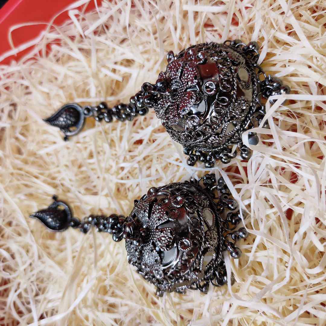 LARQ JEWELS Long Chain German Silver Earrings Jhumka Jhumki Oxidised Silver Plated Earrings For Girls Women