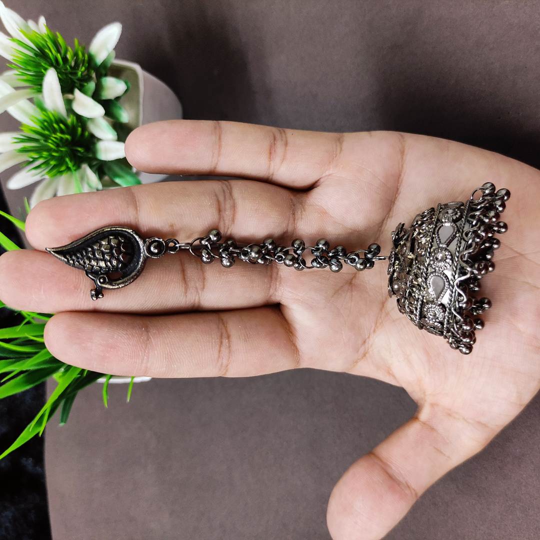 LARQ JEWELS Long Chain German Silver Earrings Jhumka Jhumki Oxidised Silver Plated Earrings For Girls Women