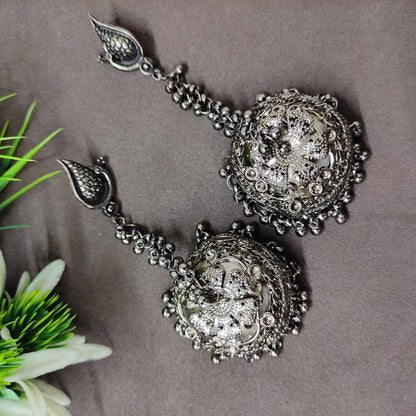 LARQ JEWELS Long Chain German Silver Earrings Jhumka Jhumki Oxidised Silver Plated Earrings For Girls Women