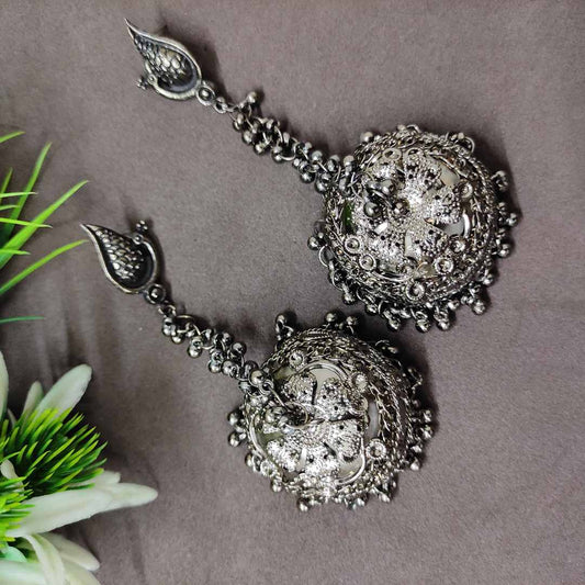 LARQ JEWELS Long Chain German Silver Earrings Jhumka Jhumki Oxidised Silver Plated Earrings For Girls Women