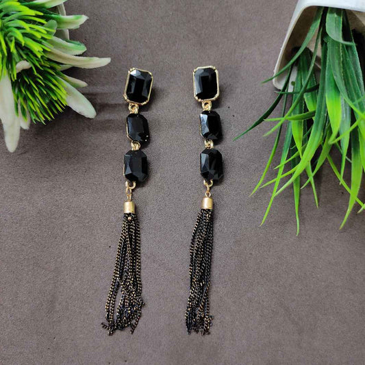 LARQ JEWELS Sparkling Black Crystals Fashion Forward Tassel Earring For Women