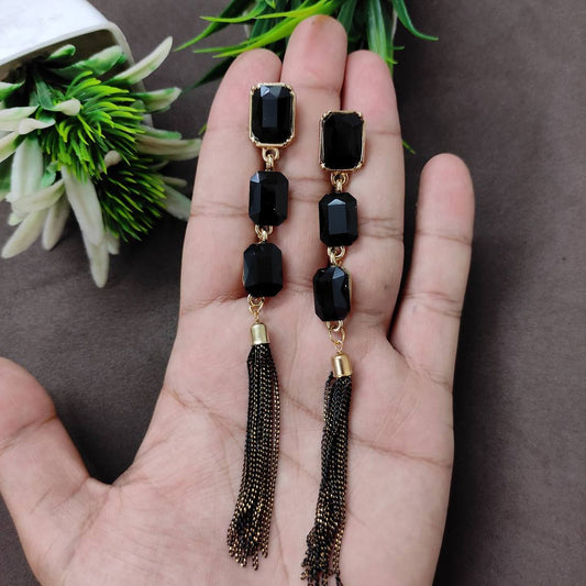 LARQ JEWELS Sparkling Black Crystals Fashion Forward Tassel Earring For Women