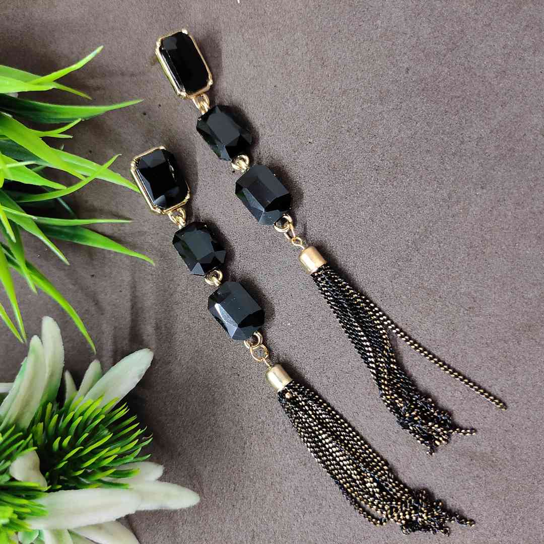 LARQ JEWELS Sparkling Black Crystals Fashion Forward Tassel Earring For Women