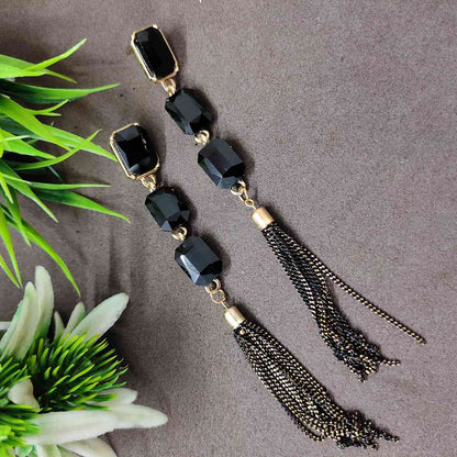 LARQ JEWELS Sparkling Black Crystals Fashion Forward Tassel Earring For Women