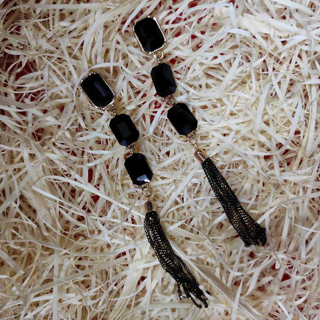 LARQ JEWELS Sparkling Black Crystals Fashion Forward Tassel Earring For Women
