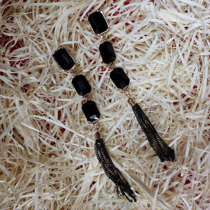 LARQ JEWELS Sparkling Black Crystals Fashion Forward Tassel Earring For Women